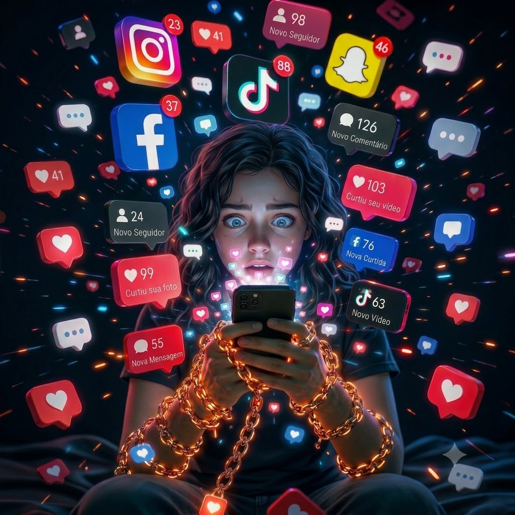 Adolescente cercado de notificações de redes sociais e preso a correntes, representando o excesso de exposição digital